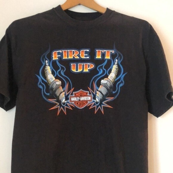 Harley-Davidson Shirt SZ M Short Sleeve Black with Fire It Up on Front - Picture 3 of 5